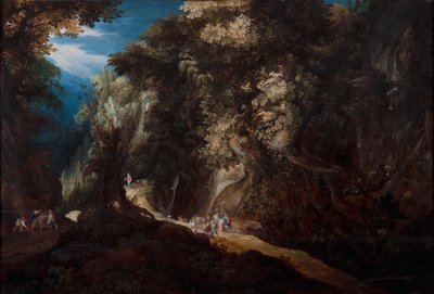 Paisaje montañoso boscoso con cascada y viajeros de Gijsbrecht Leytens